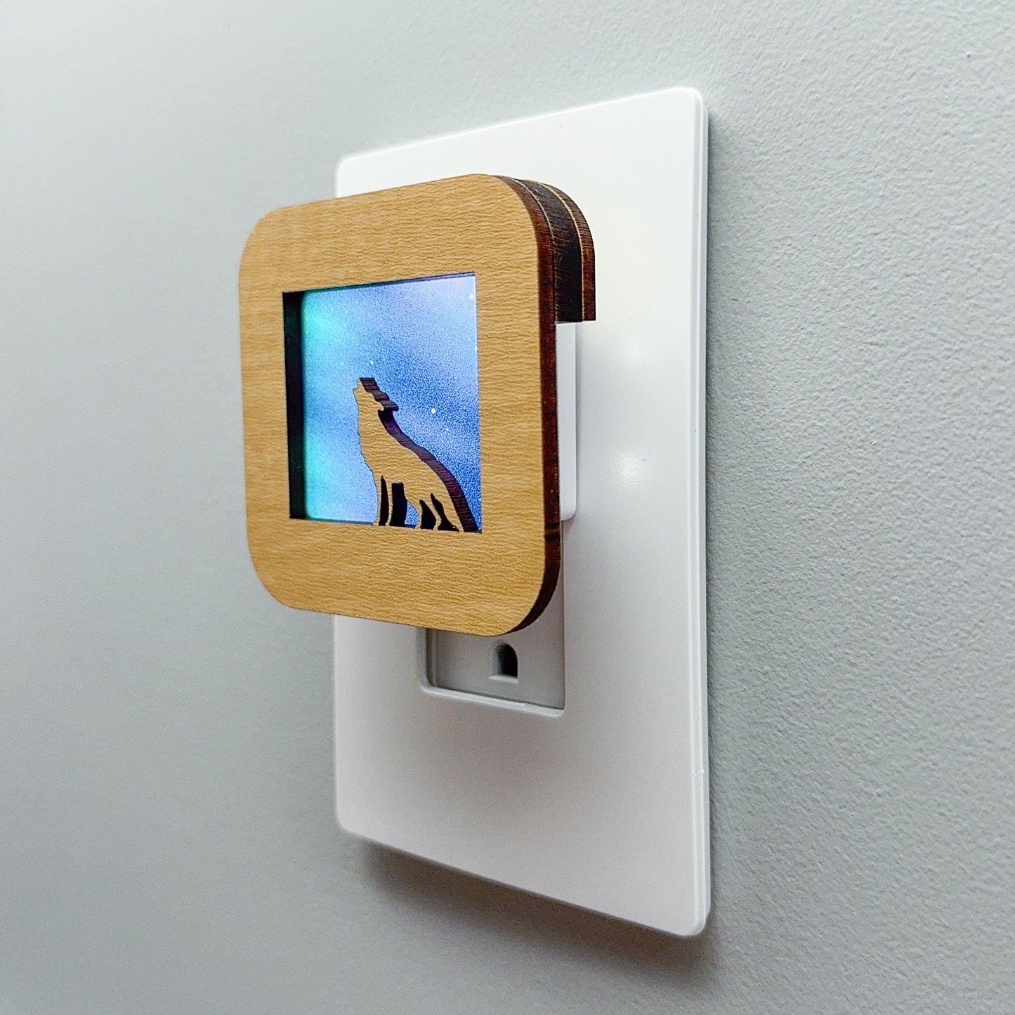 Wolf Night Light with Northern Lights Background