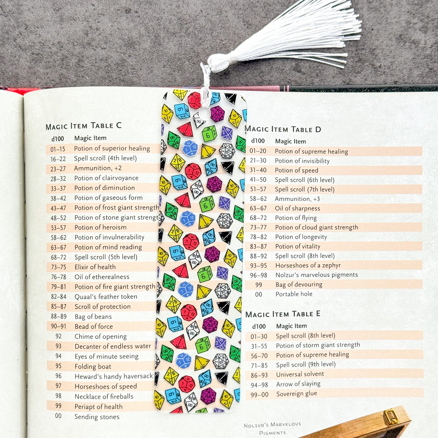 White Dungeons and Dragons Dice Bookmark