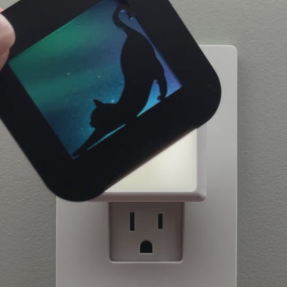 Stretching Cat Night Light with Northern Lights Background